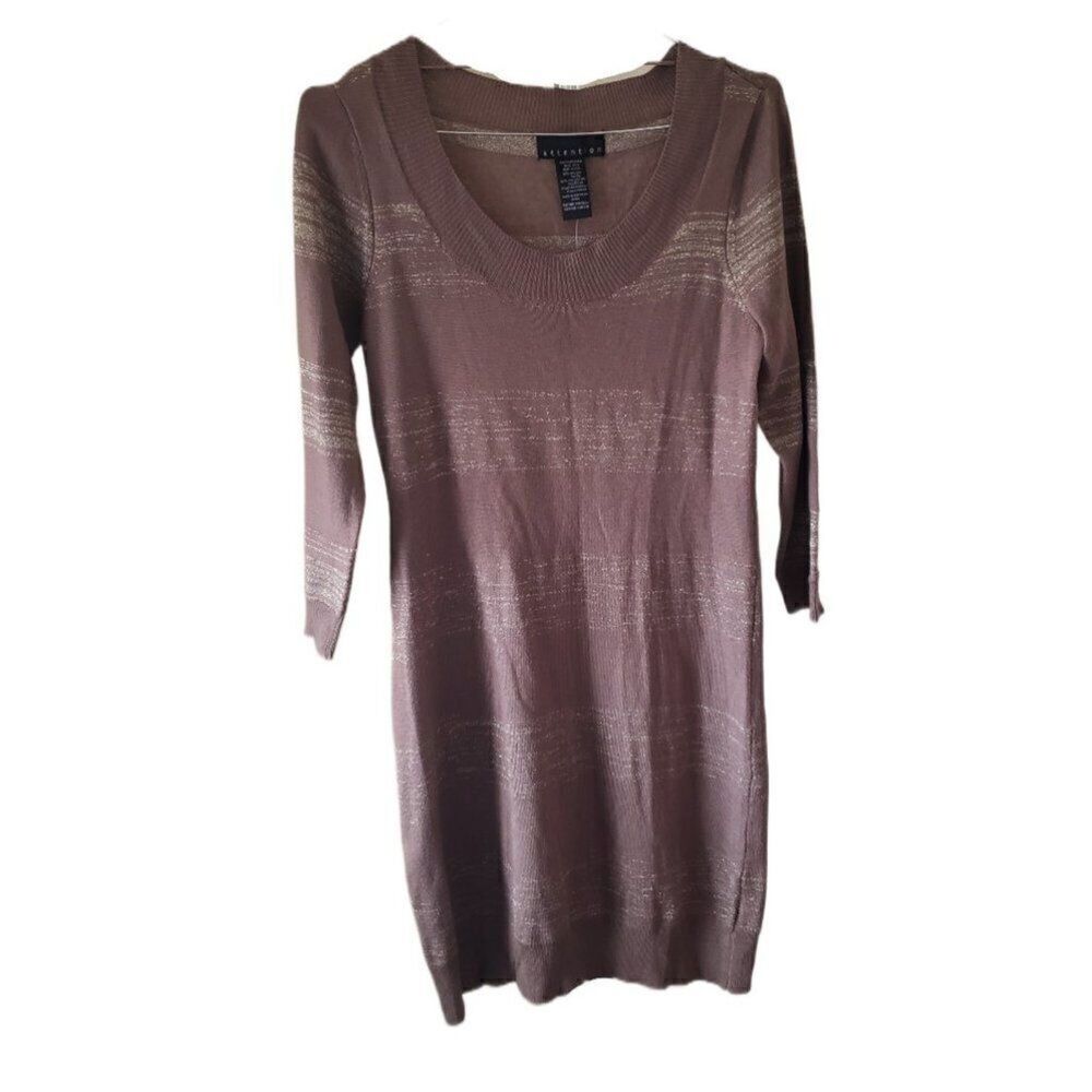 New Attention Brown with Gold Threads Sweater Dress